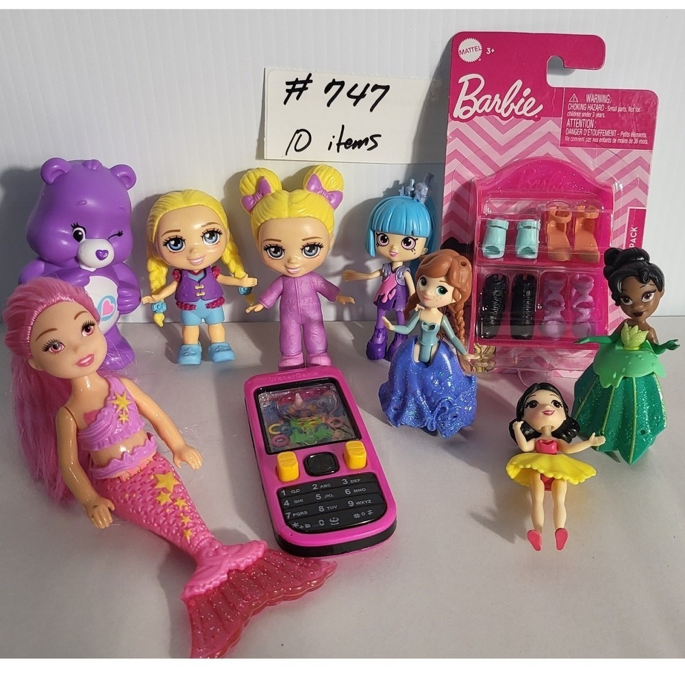 Lot of 10 Dolls Toys: Barbie Extra, Care Bear, Princesses, Mermaid, Cell Phone - Picture 4 of 4